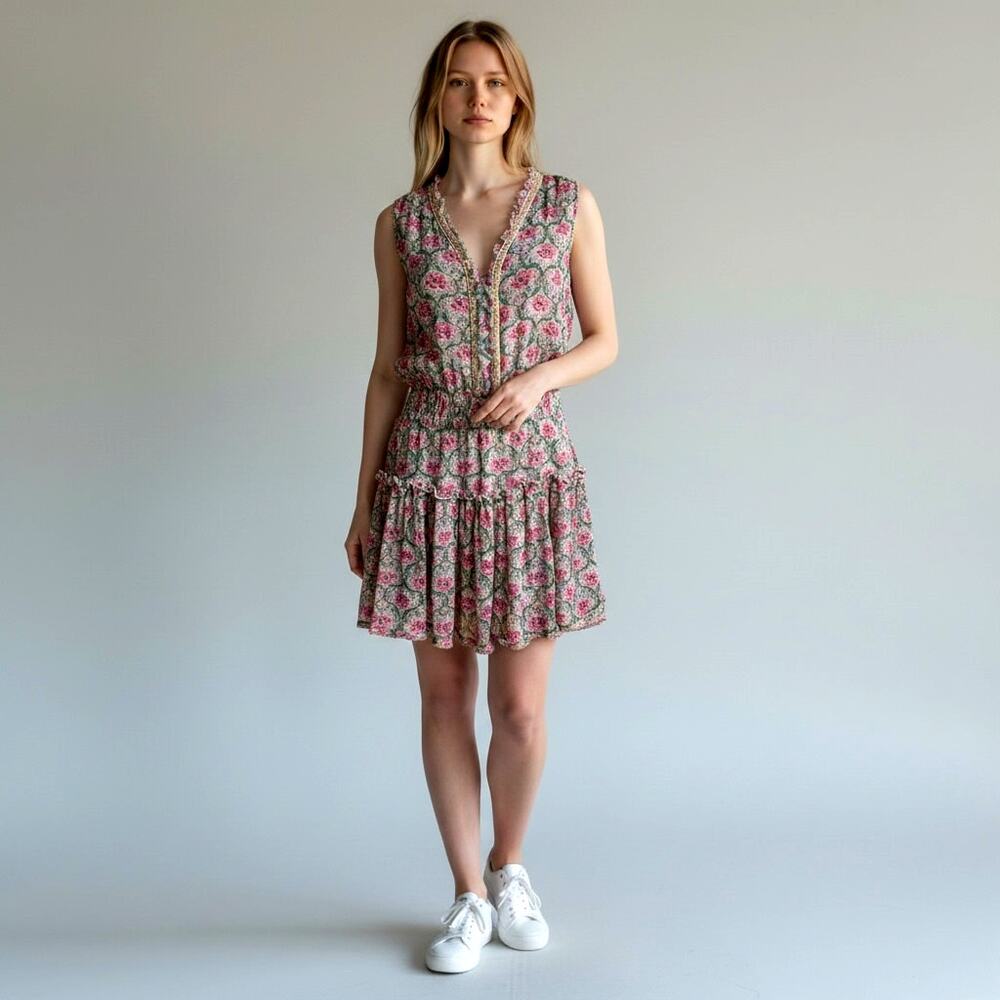 The Kooples Sunrise Silk Floral Embellished Mini Dress Size 1 Boho Paris